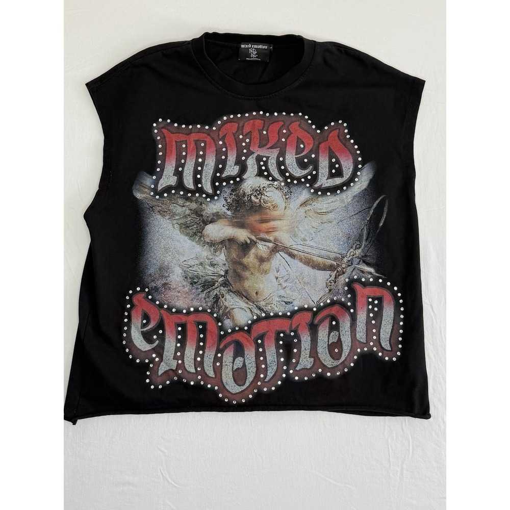 Mixed Emotion Rhinestone Cupid Angel Graphic Sleeveless Tee Men's L Black